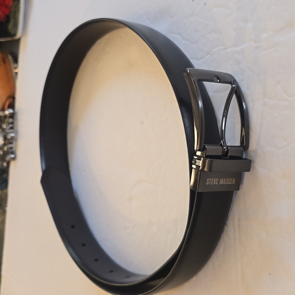 Steve Madden| Mens Black Premium Leather Dress Belt GUN METAL Buckle Sz.36